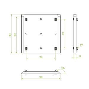Megfogó alaplap 160 x 160 mm, rögzítő furatokkal,  horonyanyákkal, alumínium