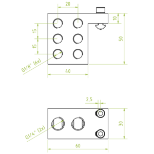 Lég- és vákuum elosztó, 1/8" belső menet, 1/4" belső menet, 2 levegőkörrel, horonyanyával