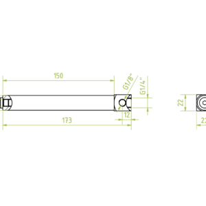 Vákuum korong tartó szár, tengely átmérő 20 mm, tengelyhossz 150 mm, belső menet végén 1 x 1/4", oldalt 2 x 1/8"
