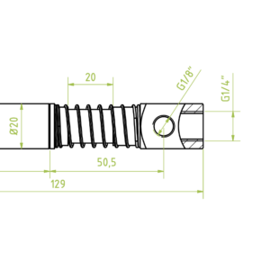 Rugós szár, befogó átmérő 20 mm, rugózás 20 mm, 1 x belső menet 1/4", 2 x 1/8"