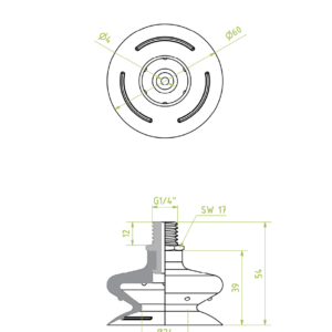 Harmonikás vákuumkorong, D= 60 mm, 1,5 redős, Csatlakozó integrált 1/4" külső menet, erősített szilikon