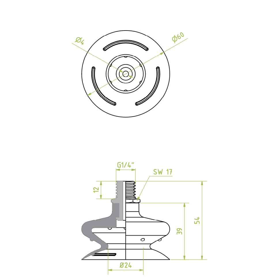 Harmonikás vákuumkorong, D= 60 mm, 1,5 redős, Csatlakozó integrált 1/4" külső menet, szilikon