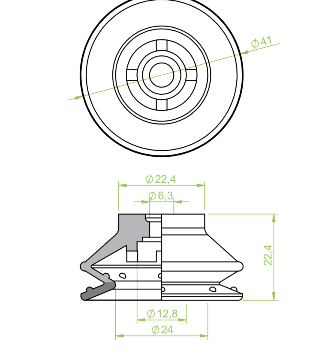 1,5 redős vákuumkorong, D= 40 mm, csatlakozó nélkül, thermoplastic polyurethane 30 (sárga ajakrész ) /60° (kék test) Shore keménység