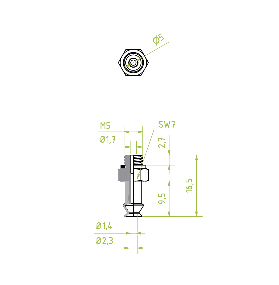 Harmonikás vákuumkorong, D= 5 mm, 1,5 redős, Csatlakozó Külső menet M5 integrált, szilikon antisztatikus