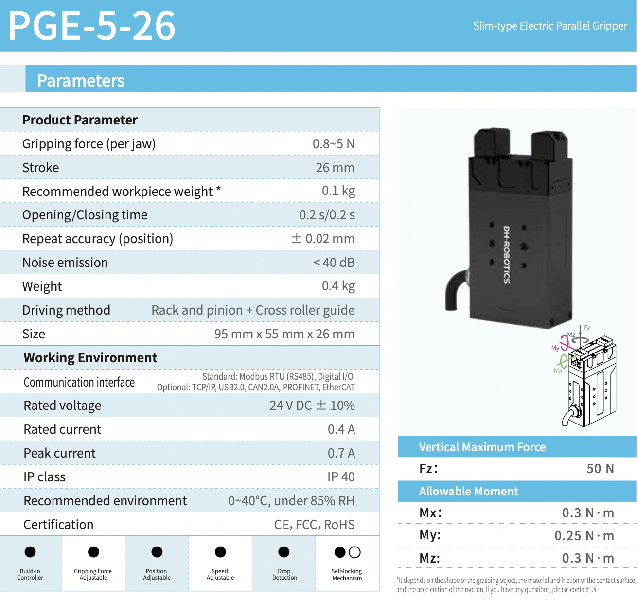 PGE-5-26 kompakt elektromos párhuzamos megfogó, megfogó erő 0.8~5 N, 26mm löket